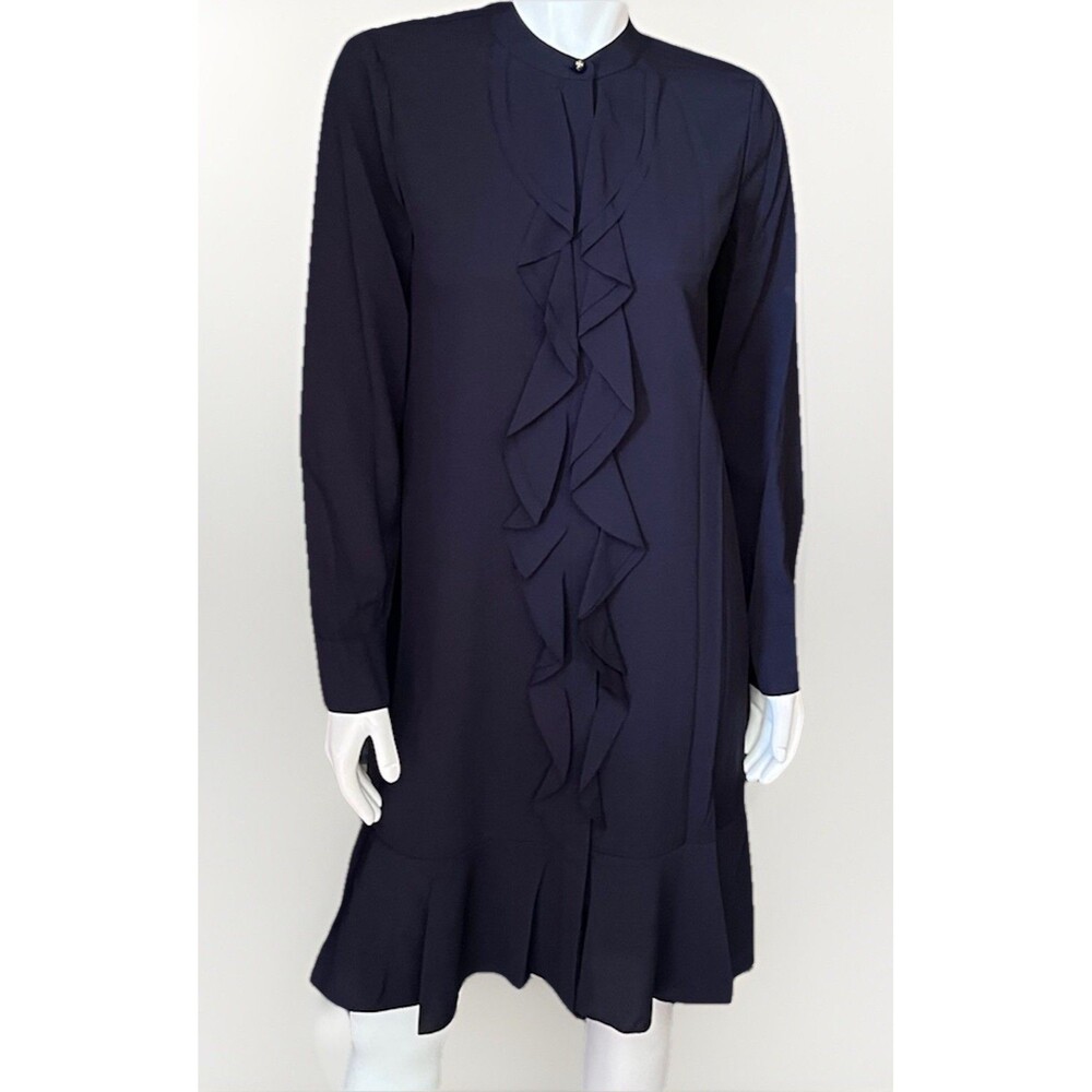 Tory Burch Navy Silk Jane Dress Ruffle Front Logo Buttons NWT $425 Size 6